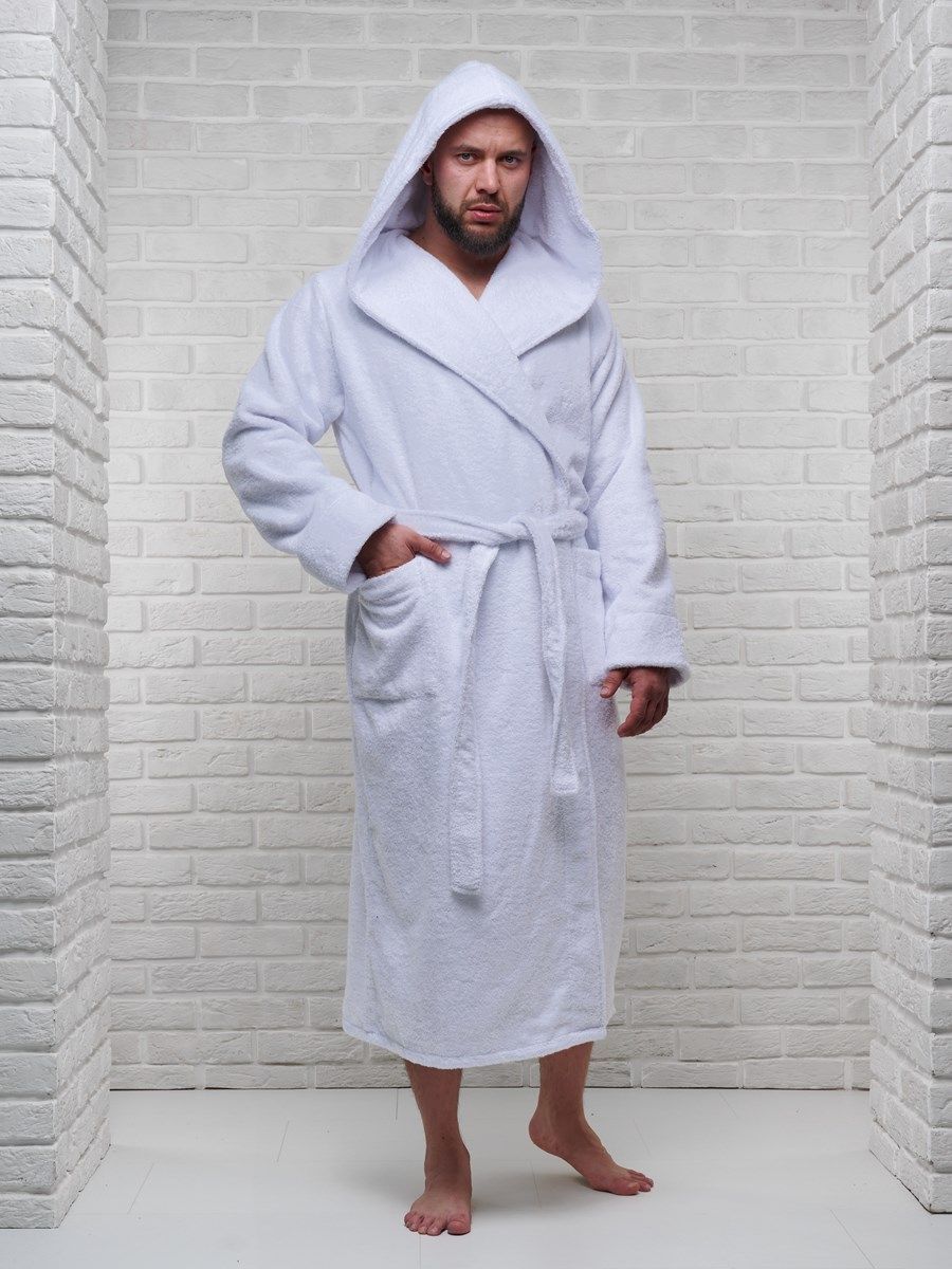 снимок Халат мужской махровый PandaHug с капюшоном, белый от магазина BIO-TEXTILES ОПТ