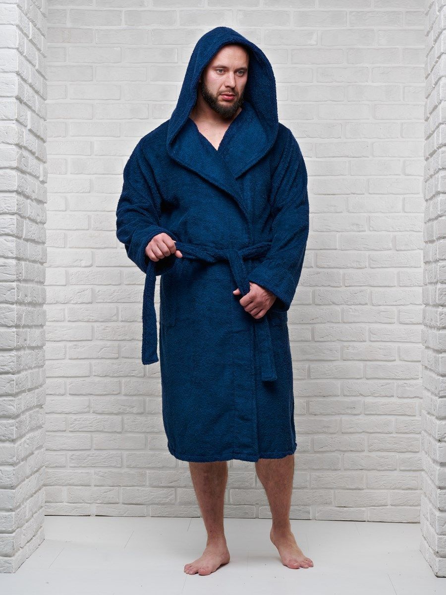 снимок Халат мужской махровый PandaHug с капюшоном, синий от магазина BIO-TEXTILES ОПТ