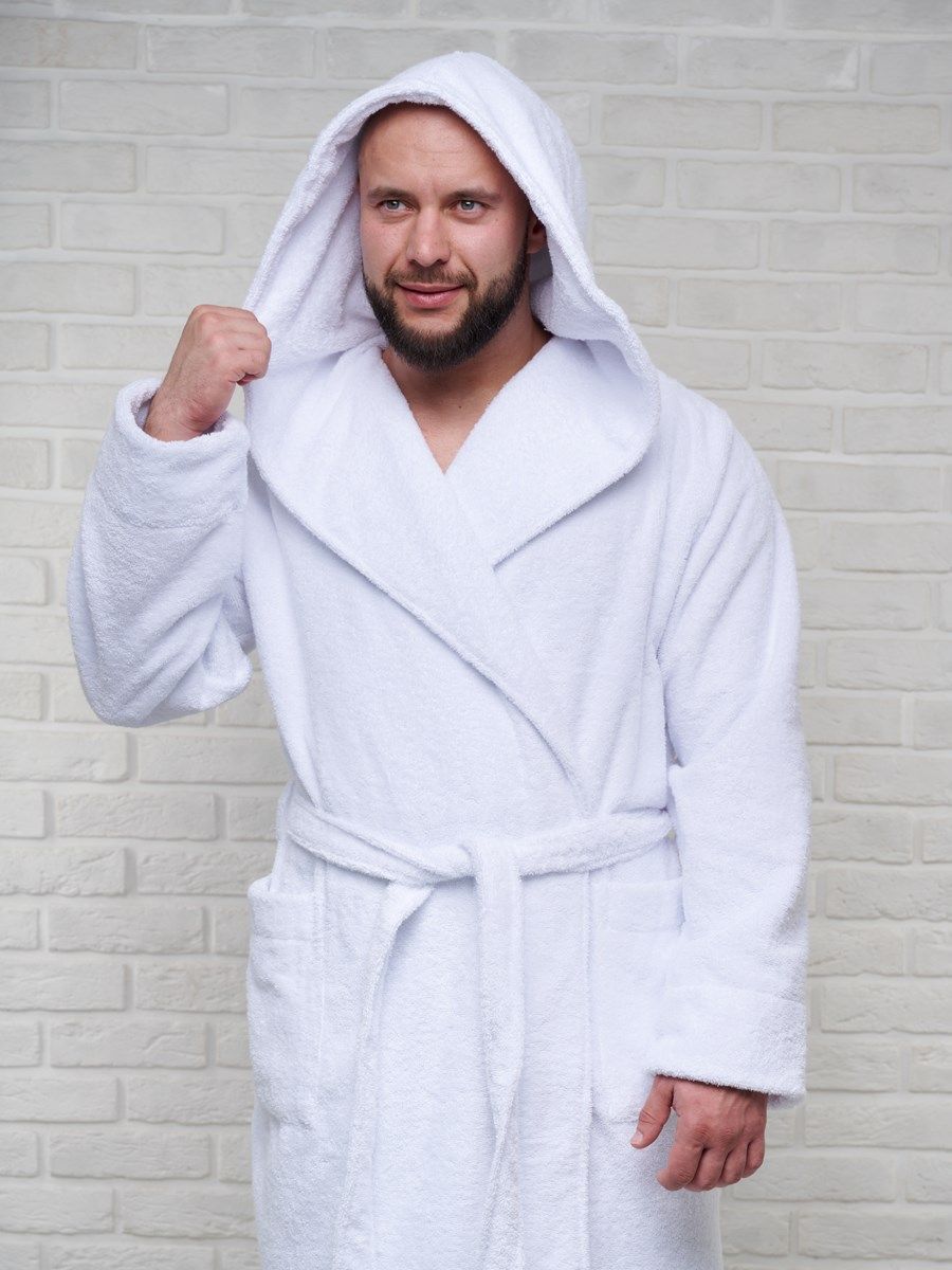 снимок Халат мужской махровый PandaHug с капюшоном, белый от магазина BIO-TEXTILES ОПТ