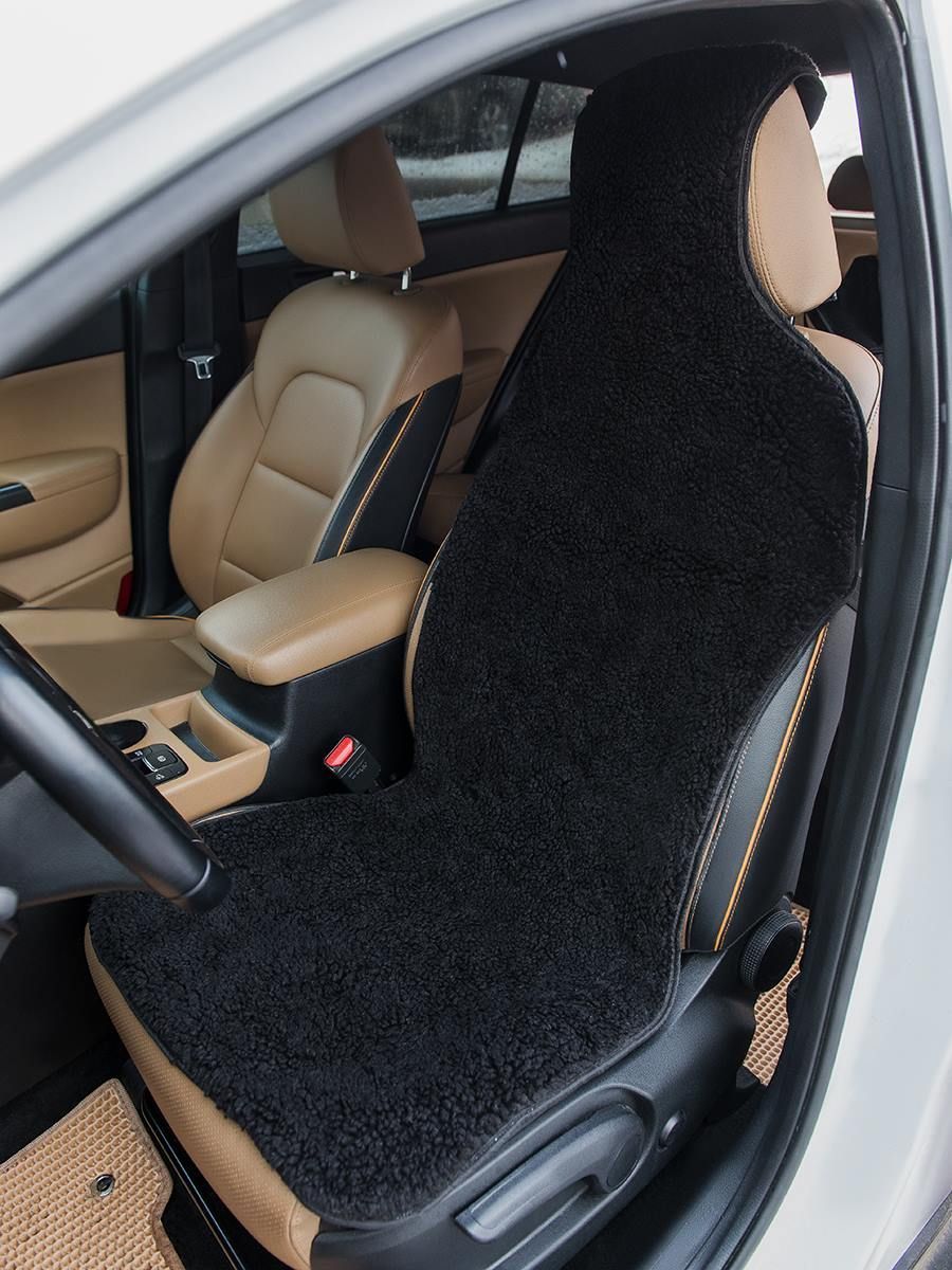 снимок Меховая накидка на кресло автомобиля черная, с накладкой на подголовник от магазина BIO-TEXTILES ОПТ